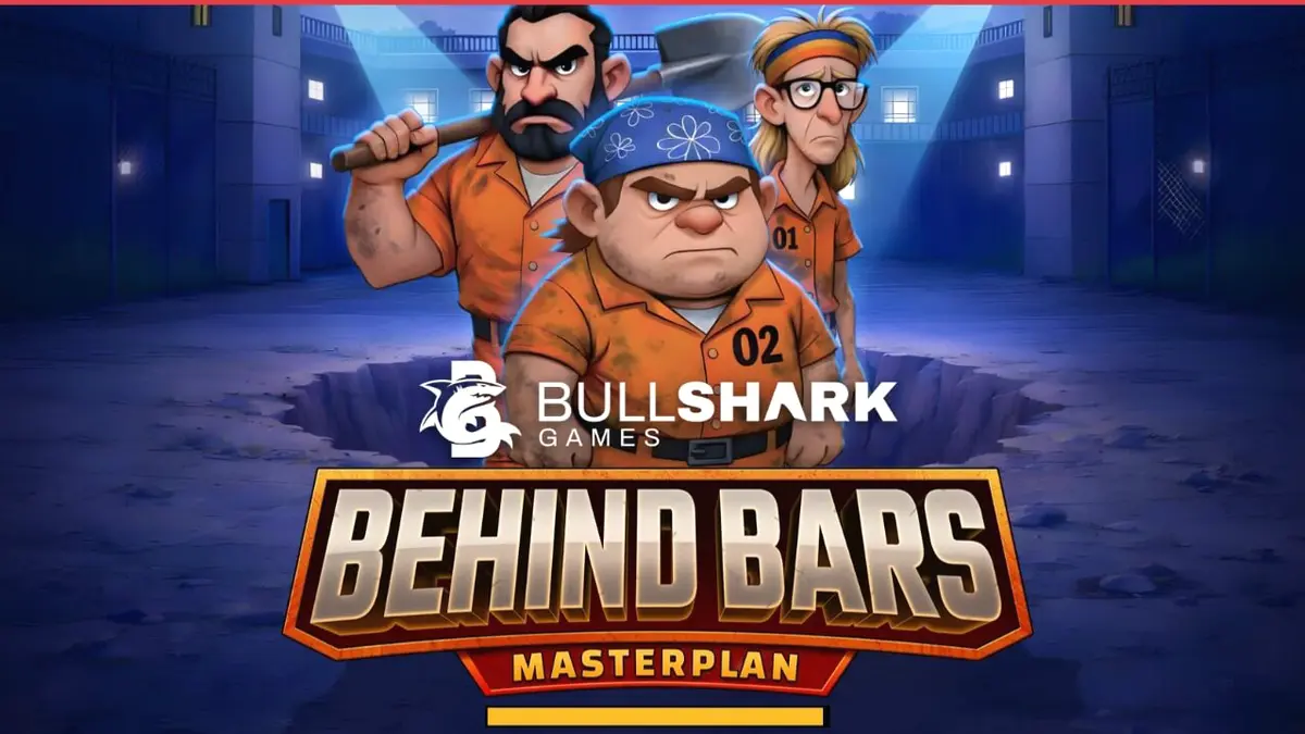 Tampilan visual slot Behind Bars Masterplan dengan karakter narapidana kartun dan grid 6x5.