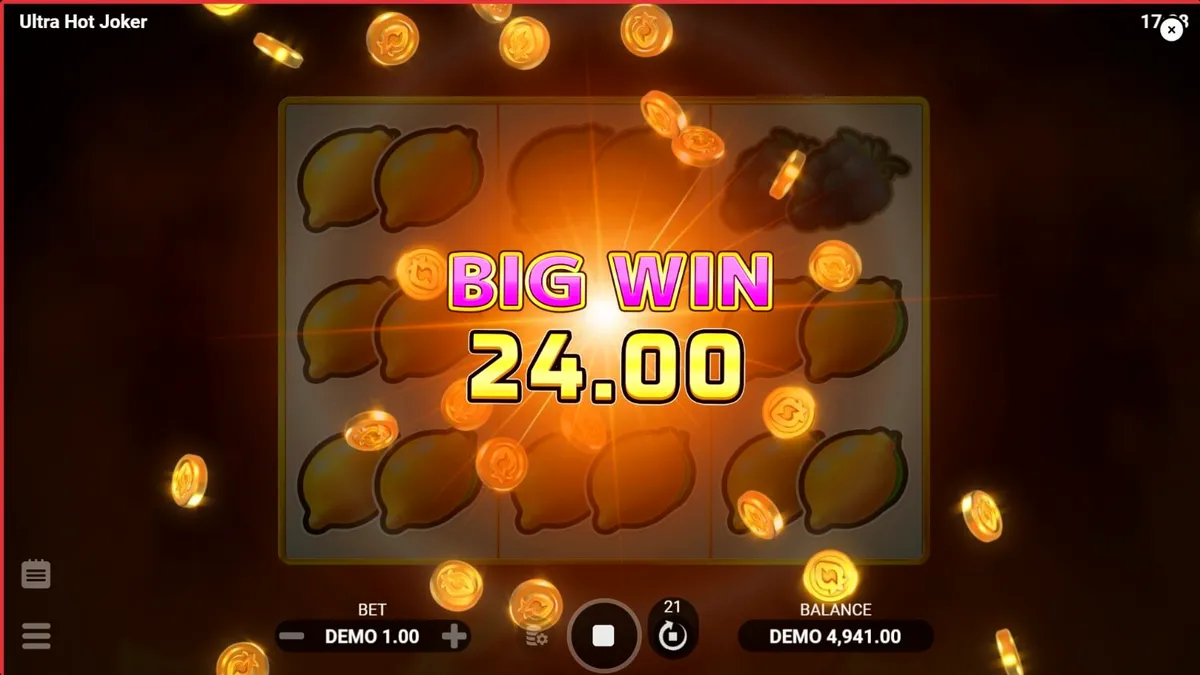 Tampilan visual slot Ultra Hot Joker dengan simbol buah dan karakter Joker yang membara